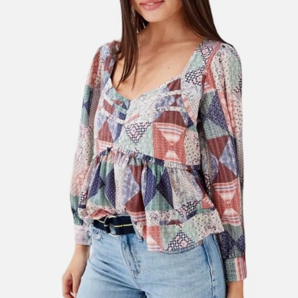 American Eagle Babydoll Patchwork Long Sleeve Size Small - Picture 1 of 10